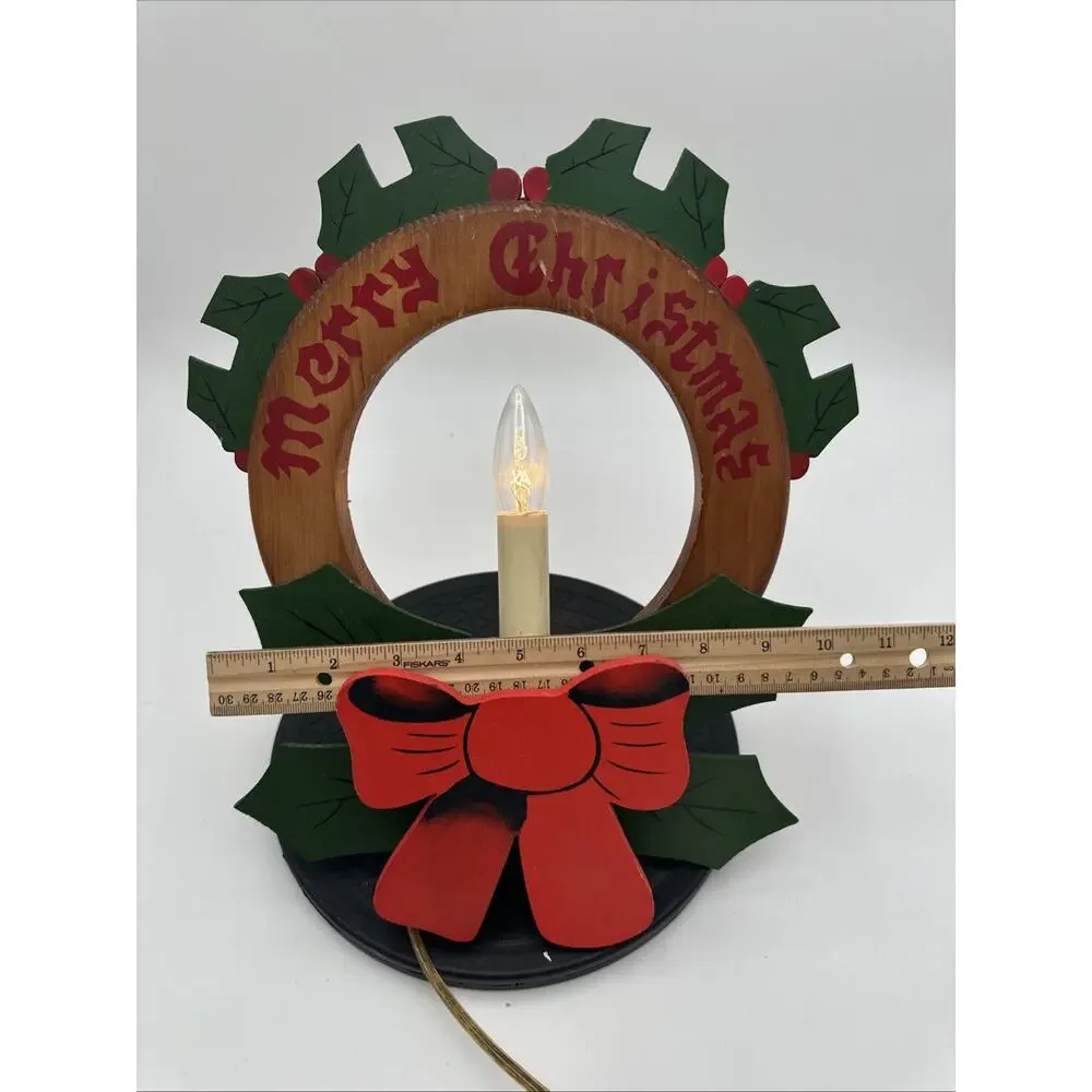 Vintage Working Hand Carved Wooden Christmas Wreath With Light